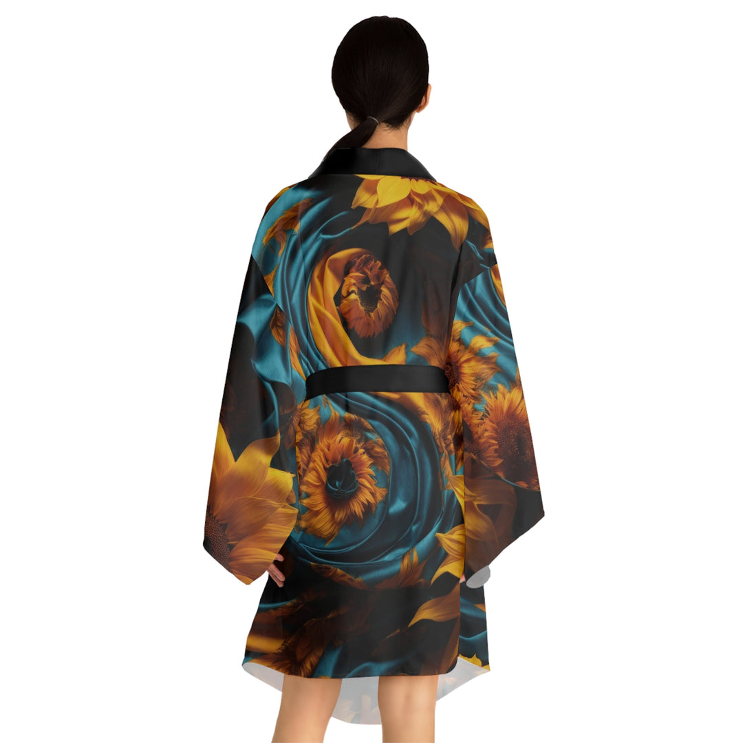 Sunflower Satin Swirl - Long Sleeve Kimono Robe - All Over Prints - g(0D·IO) - XS - Black -