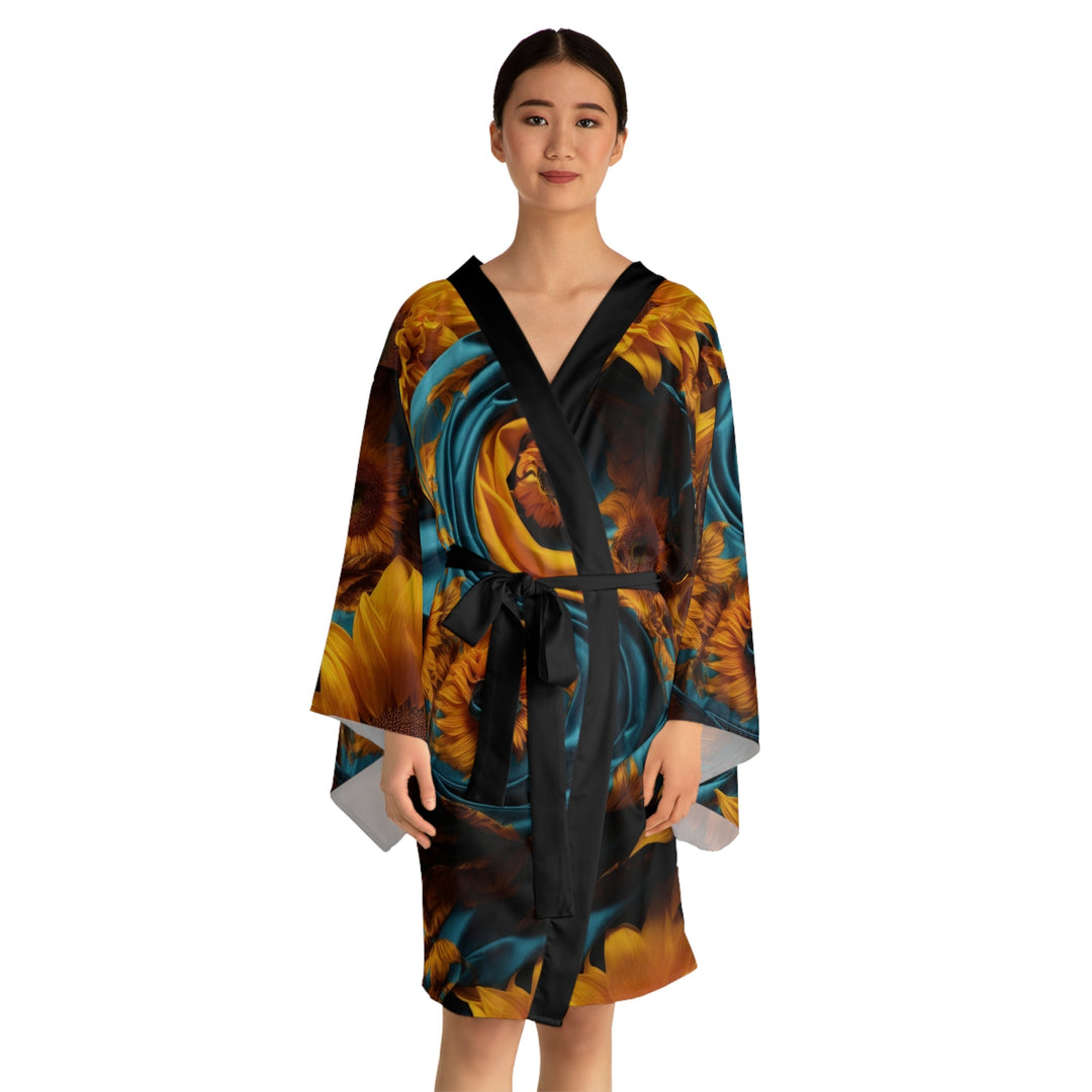 Sunflower Satin Swirl - Long Sleeve Kimono Robe - All Over Prints - g(0D·IO) - XS - Black -