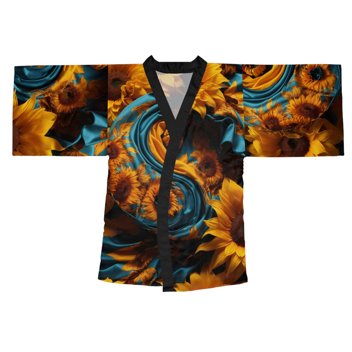 Sunflower Satin Swirl - Long Sleeve Kimono Robe - All Over Prints - g(0D·IO) - XS - Black -