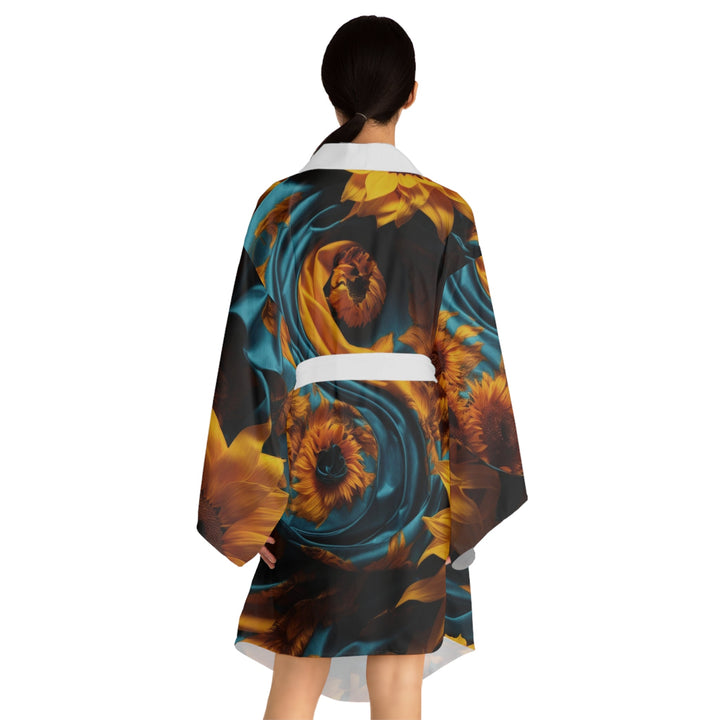 Sunflower Satin Swirl - Long Sleeve Kimono Robe - All Over Prints - g(0D·IO) - XS - Black -