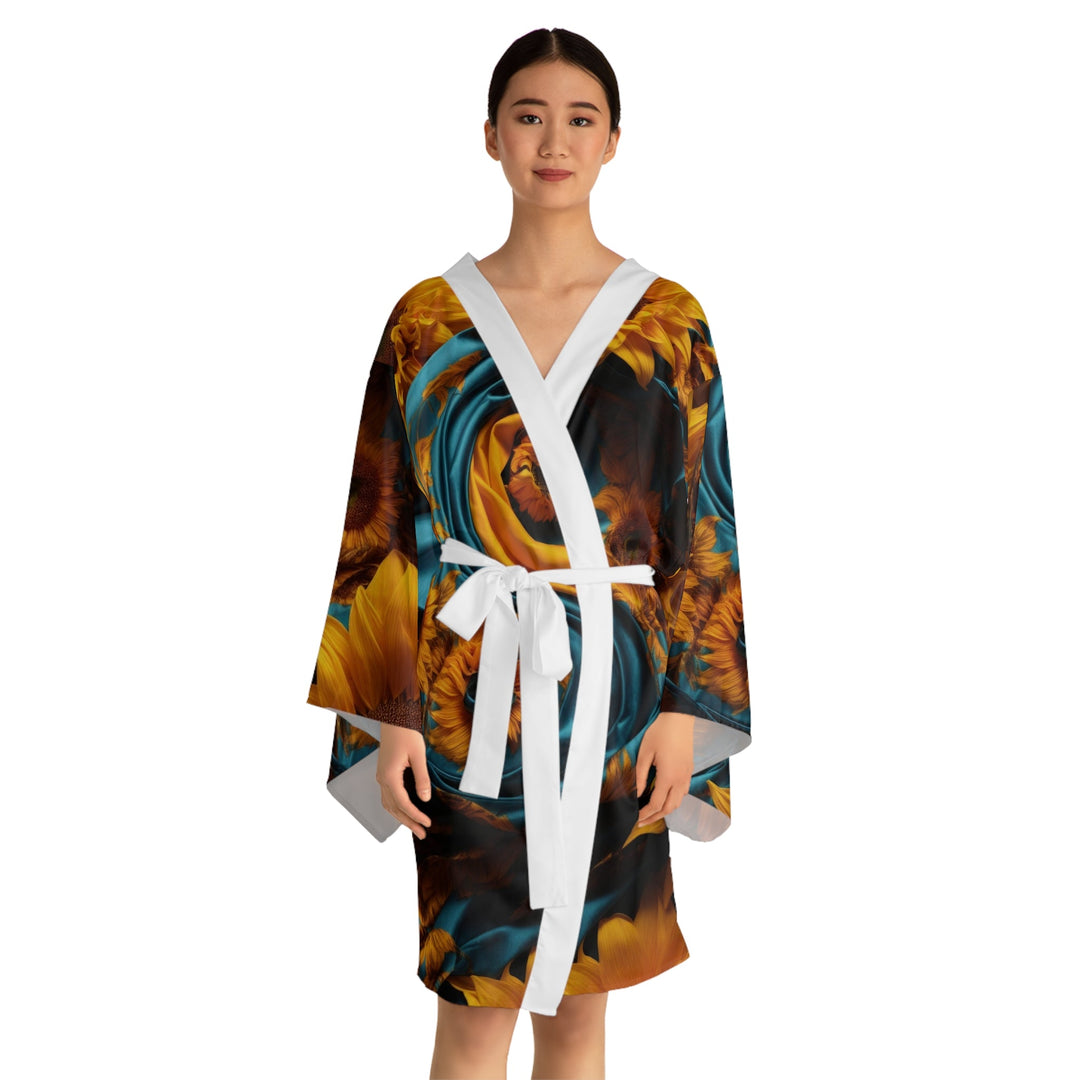 Sunflower Satin Swirl - Long Sleeve Kimono Robe - All Over Prints - g(0D·IO) - XS - Black -