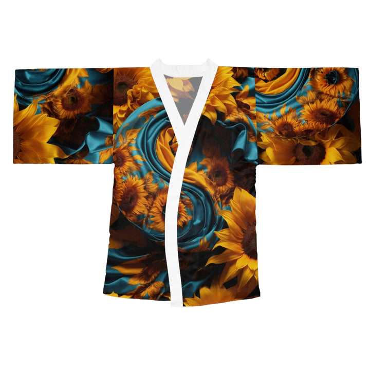 Sunflower Satin Swirl - Long Sleeve Kimono Robe - All Over Prints - g(0D·IO) - XS - White -