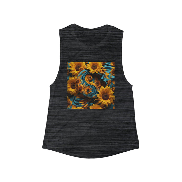 Sunflower Satin Swirl - Women's Flowy Scoop Muscle Tank - Tank Top - g(0D·IO) - S - Black Slub -