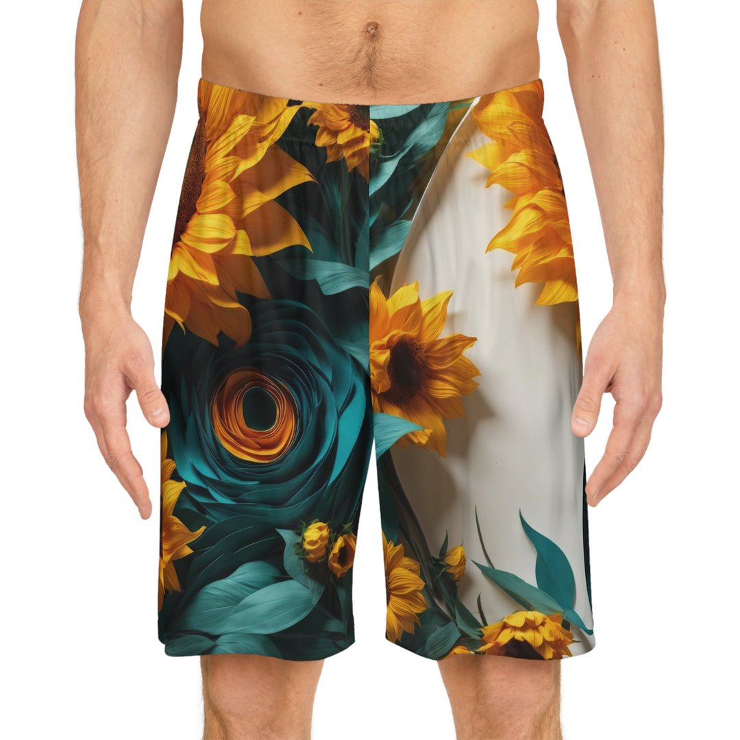 Sunflower Turquoise Elegance - AOP Basketball Shorts - All Over Prints - g(0D·IO) - Seam thread color automatically matched to design - XS -