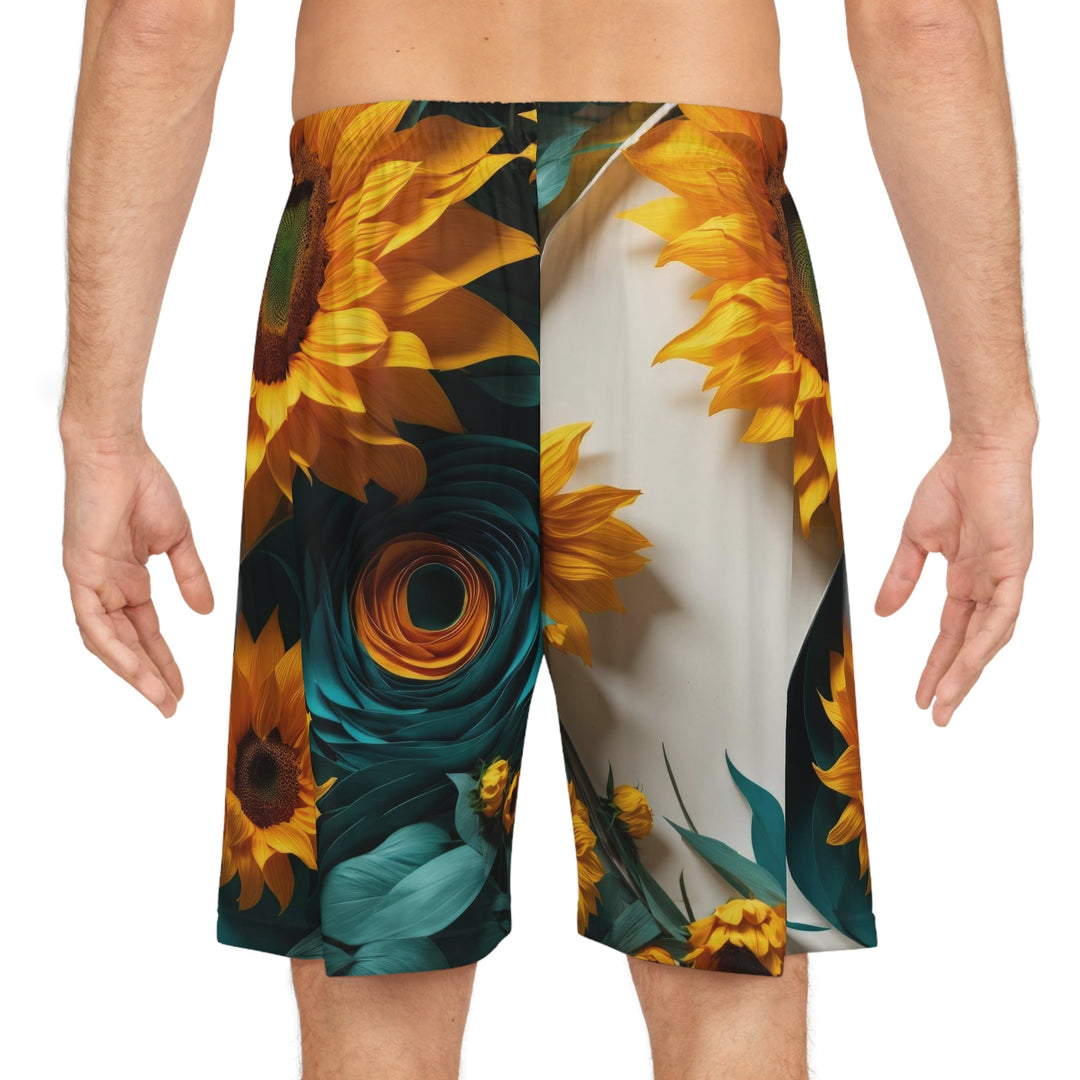 Sunflower Turquoise Elegance - AOP Basketball Shorts - All Over Prints - g(0D·IO) - Seam thread color automatically matched to design - XS -