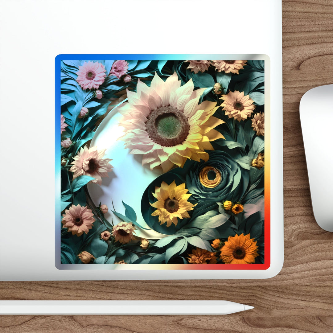 Sunflower Turquoise Elegance - Holographic Die-Cut Sticker - Paper products - g(0D·IO) - 5" × 5" - Die-Cut - Holographic