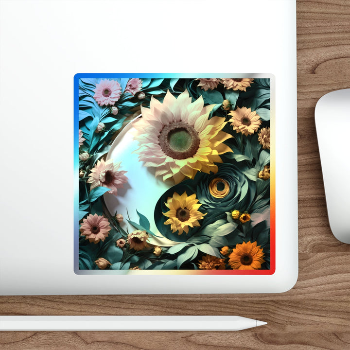 Sunflower Turquoise Elegance - Holographic Die-Cut Sticker - Paper products - g(0D·IO) - 5" × 5" - Die-Cut - Holographic