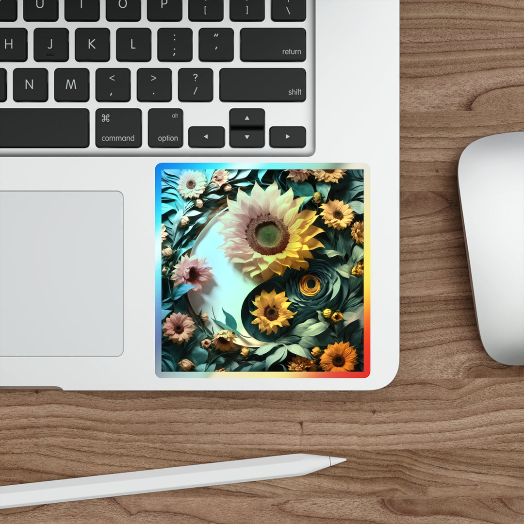 Sunflower Turquoise Elegance - Holographic Die-Cut Sticker - Paper products - g(0D·IO) - 5" × 5" - Die-Cut - Holographic