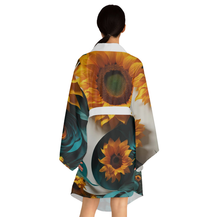 Sunflower Turquoise Elegance - Long Sleeve Kimono Robe - All Over Prints - g(0D·IO) - XS - Black -