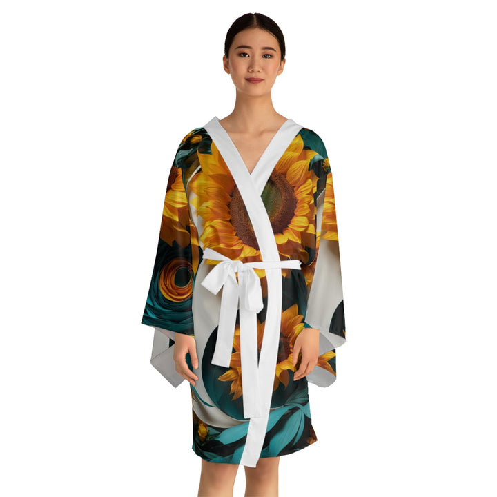 Sunflower Turquoise Elegance - Long Sleeve Kimono Robe - All Over Prints - g(0D·IO) - XS - Black -