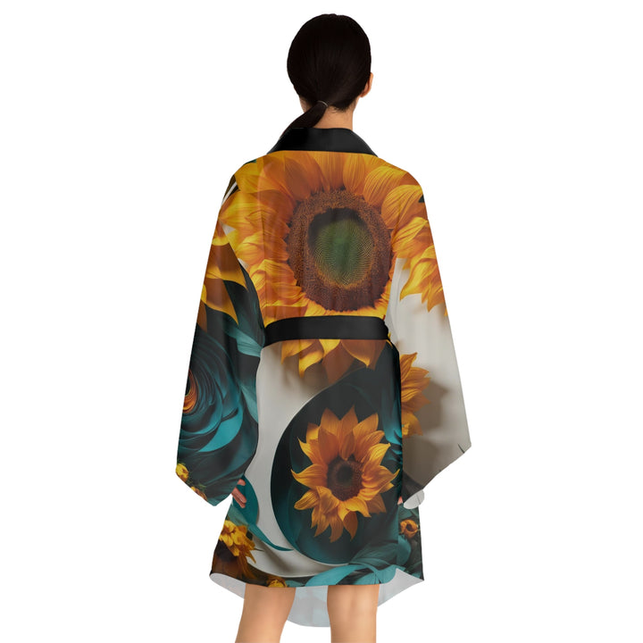 Sunflower Turquoise Elegance - Long Sleeve Kimono Robe - All Over Prints - g(0D·IO) - XS - Black -