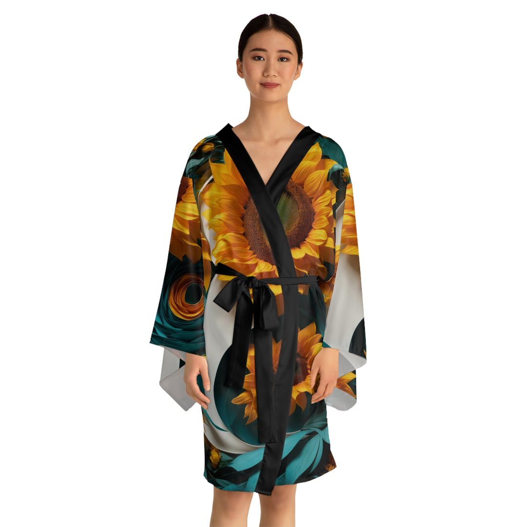 Sunflower Turquoise Elegance - Long Sleeve Kimono Robe - All Over Prints - g(0D·IO) - XS - Black -