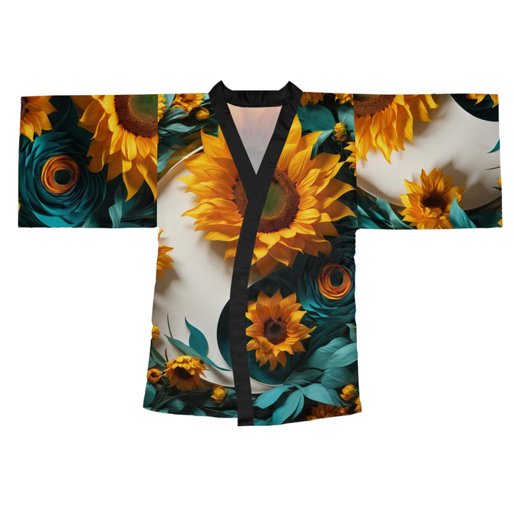 Sunflower Turquoise Elegance - Long Sleeve Kimono Robe - All Over Prints - g(0D·IO) - XS - Black -