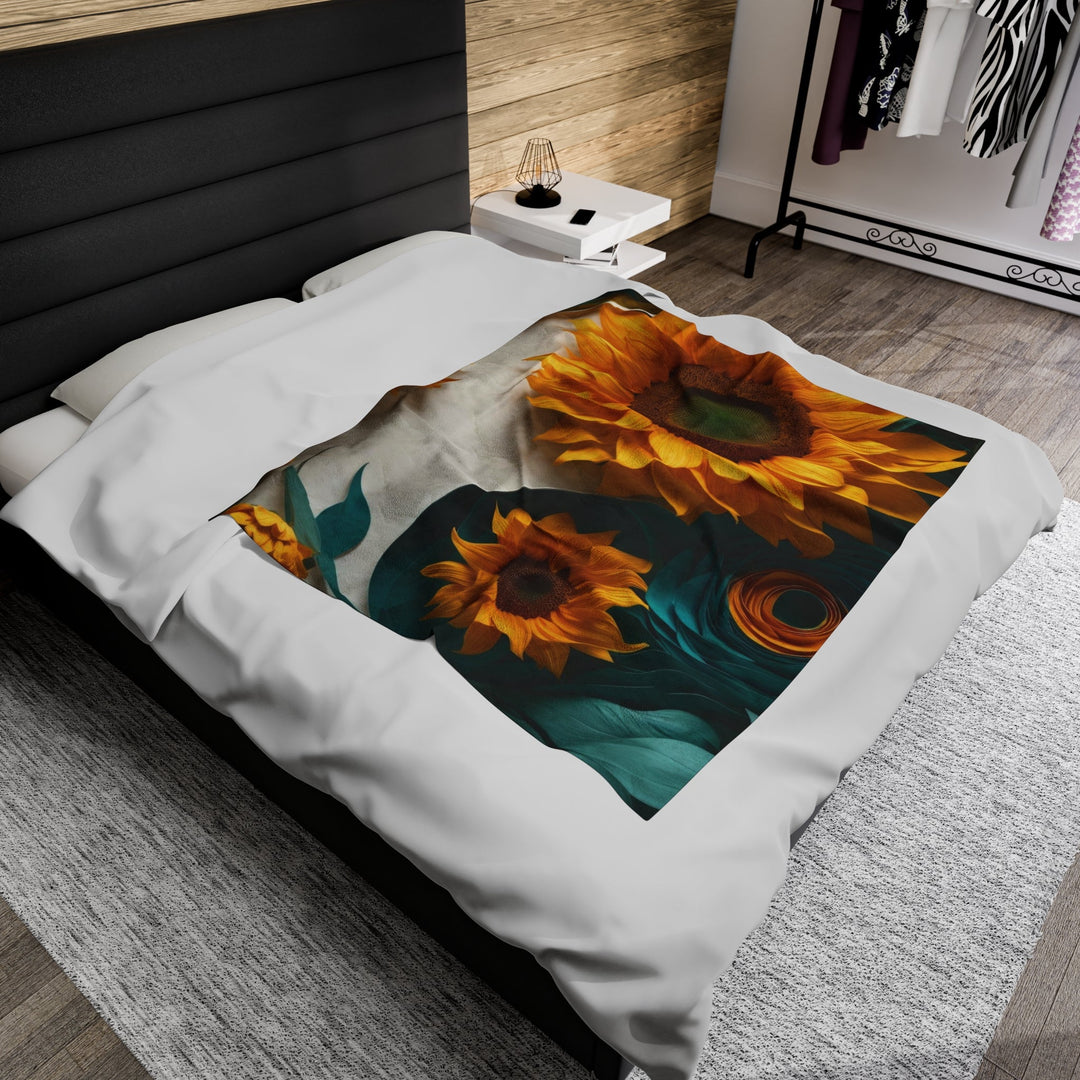 Sunflower Turquoise Elegance - Velveteen Plush Blanket - All Over Prints - g(0D·IO) - 30" × 40" - -