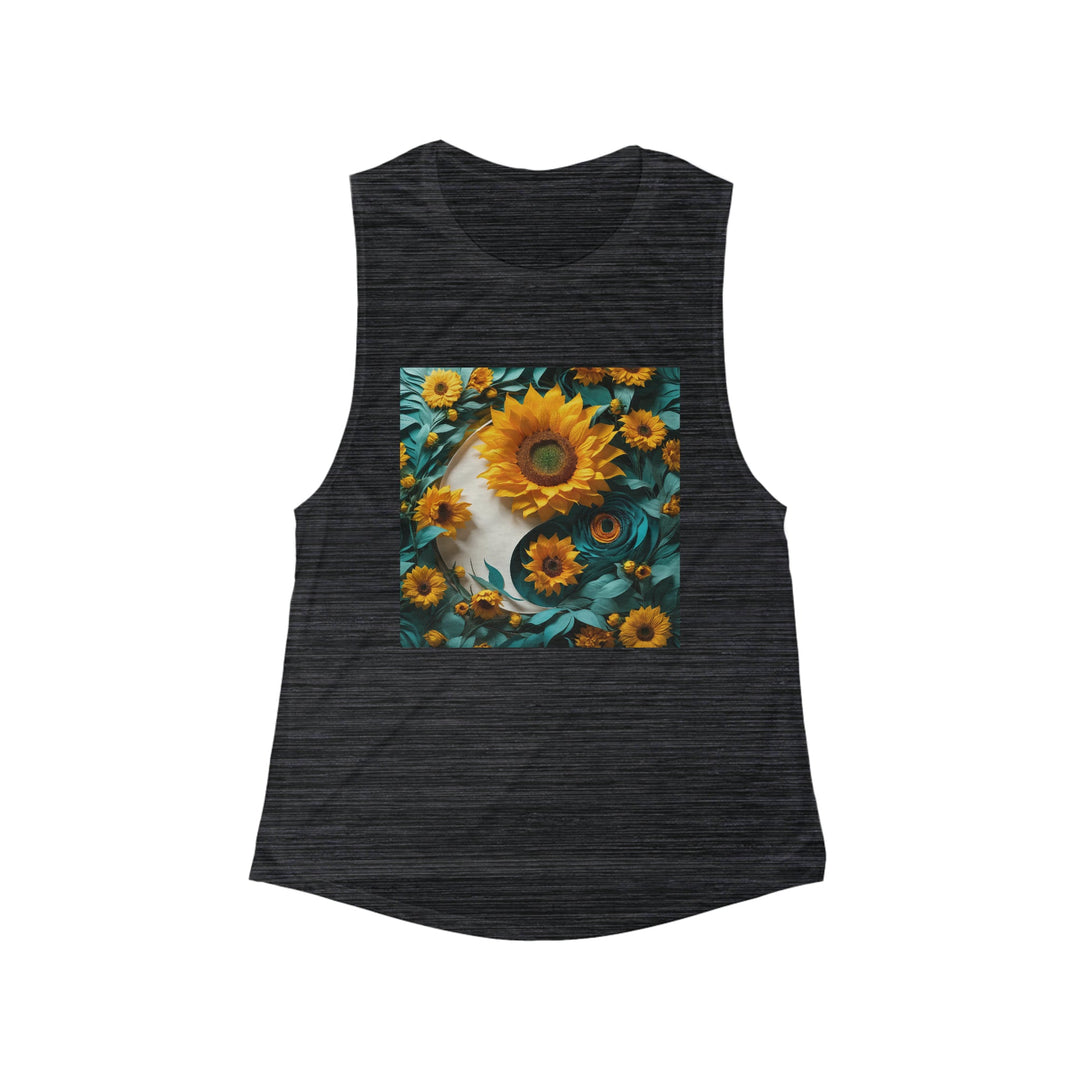 Sunflower Turquoise Elegance - Women's Flowy Scoop Muscle Tank - Tank Top - g(0D·IO) - S - Black Slub -