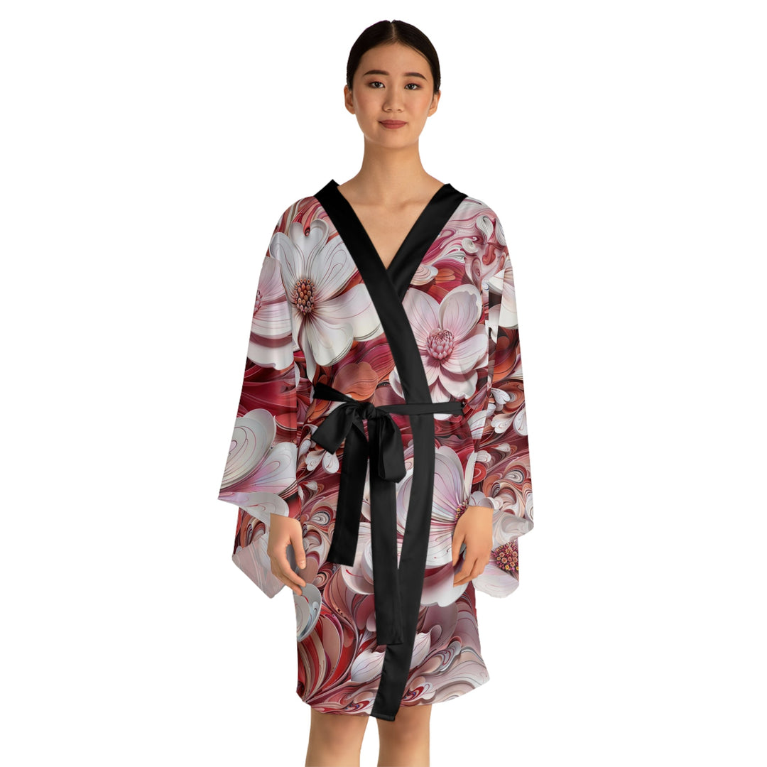 Swirling Floral Abundance - Long Sleeve Kimono Robe - All Over Prints - g(0D·IO) - XS - Black -