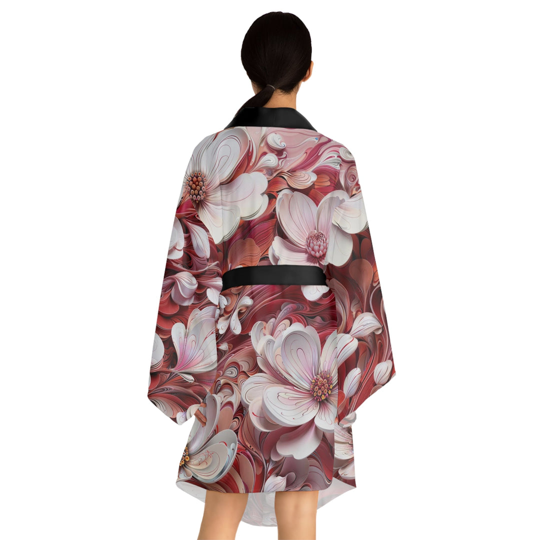 Swirling Floral Abundance - Long Sleeve Kimono Robe - All Over Prints - g(0D·IO) - XS - Black -