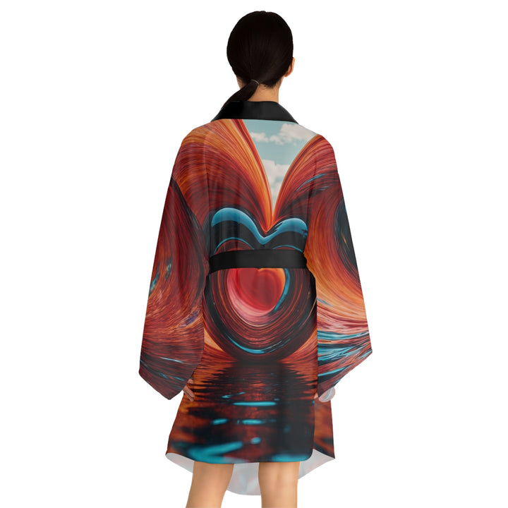 Swirling Heart Reflection - Long Sleeve Kimono Robe - All Over Prints - g(0D·IO) - XS - Black -