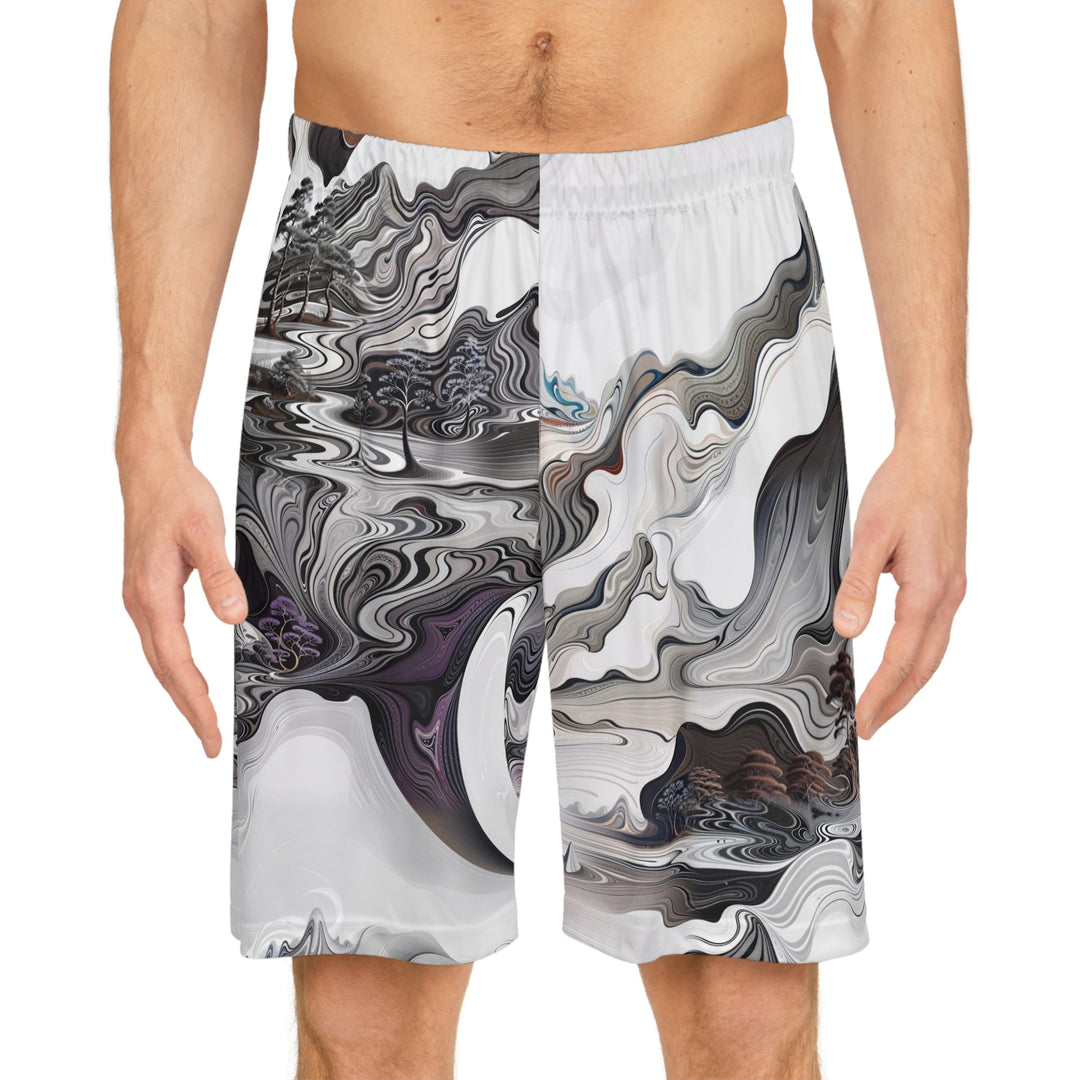 Swirling Monochrome Landscape - AOP Basketball Shorts - All Over Prints - g(0D·IO) - Seam thread color automatically matched to design - XS -