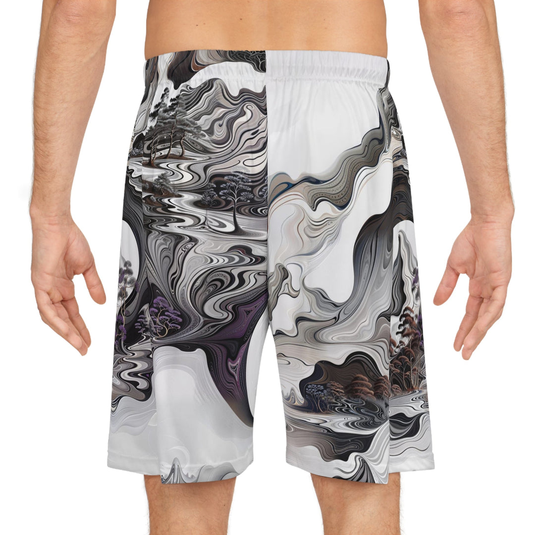 Swirling Monochrome Landscape - AOP Basketball Shorts - All Over Prints - g(0D·IO) - Seam thread color automatically matched to design - XS -