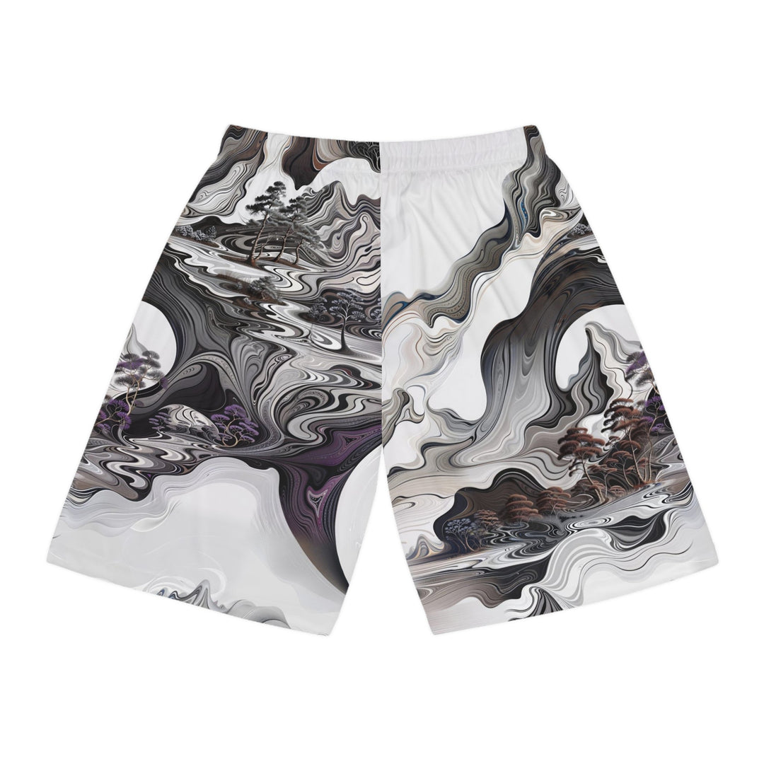 Swirling Monochrome Landscape - AOP Basketball Shorts - All Over Prints - g(0D·IO) - Seam thread color automatically matched to design - XS -