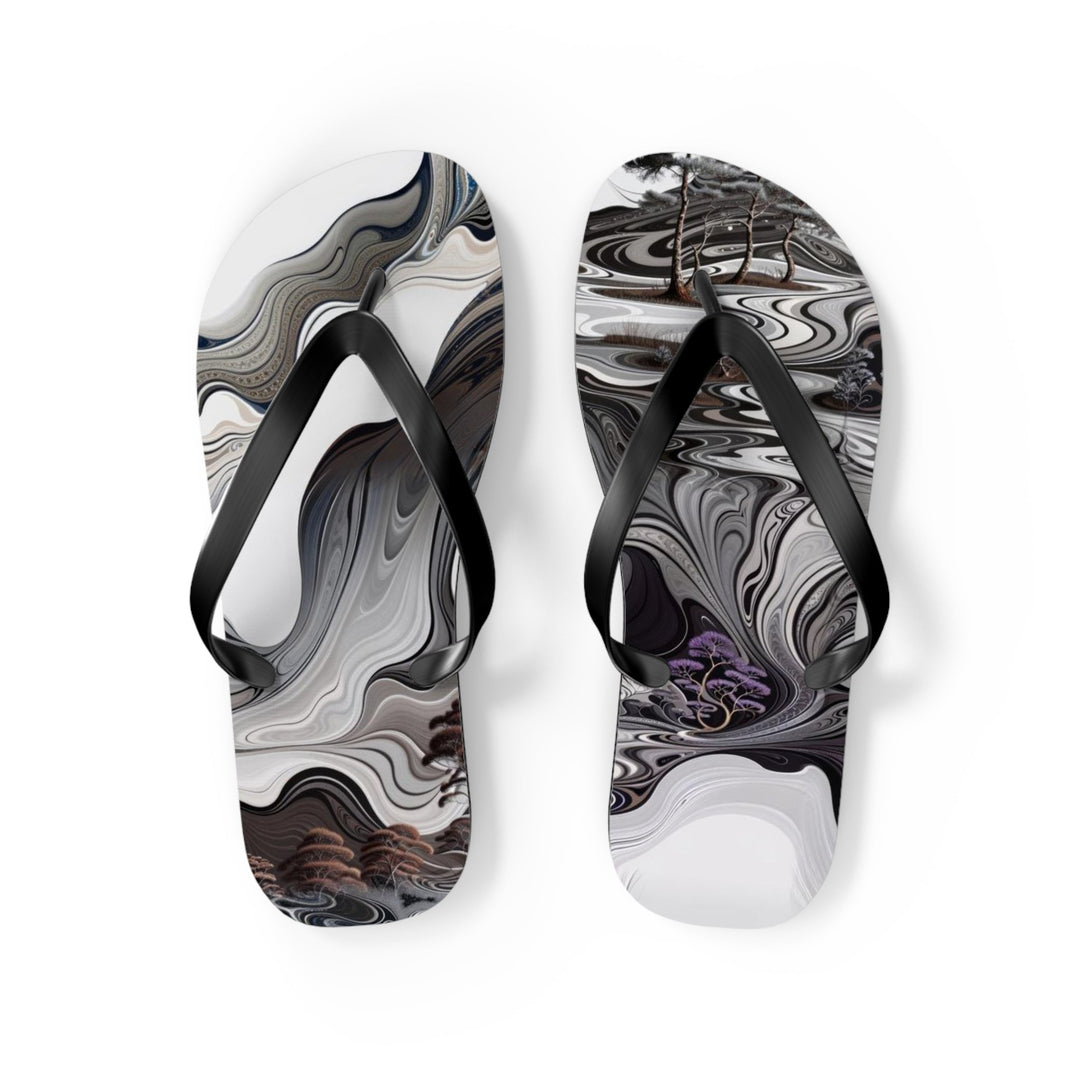 Swirling Monochrome Landscape - Flip Flops - Shoes - g(0D·IO) - M - Black sole -