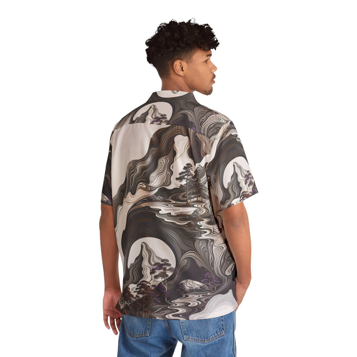 Swirling Monochrome Landscape - Men's Hawaiian Shirt - All Over Prints - g(0D·IO) - S - Black -