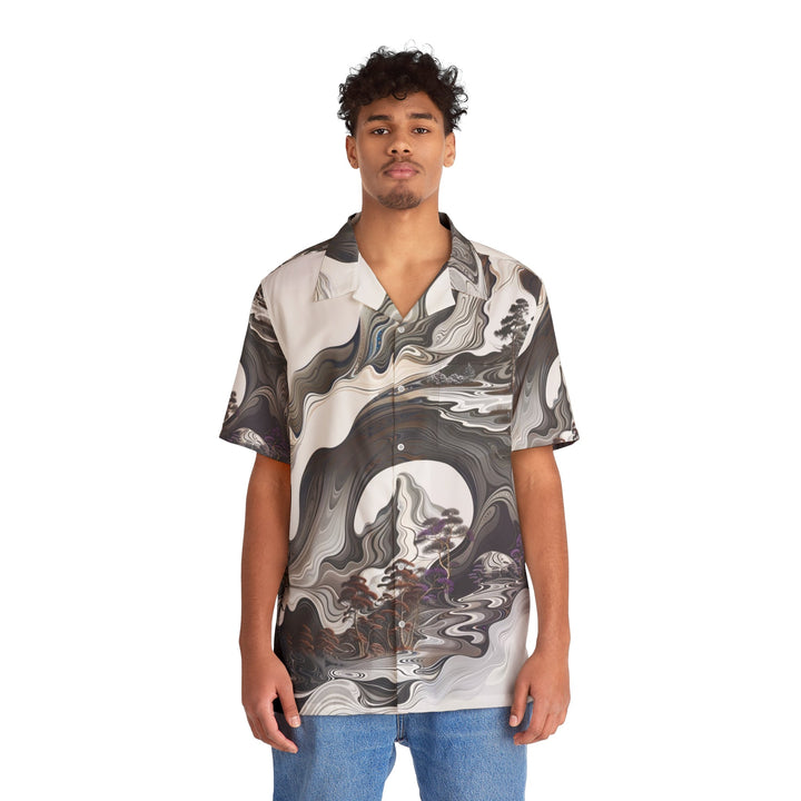 Swirling Monochrome Landscape - Men's Hawaiian Shirt - All Over Prints - g(0D·IO) - S - Black -