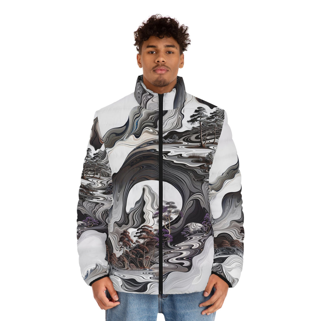 Swirling Monochrome Landscape - Puffer Jacket - All Over Prints - g(0D·IO) - S - Black zipper -