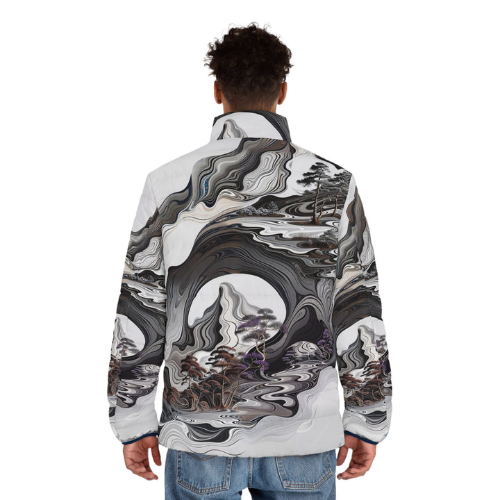 Swirling Monochrome Landscape - Puffer Jacket - All Over Prints - g(0D·IO) - S - Black zipper -