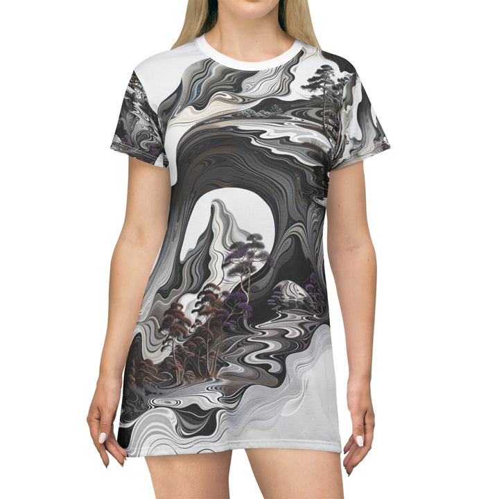 Swirling Monochrome Landscape - T-Shirt Dress - All Over Prints - g(0D·IO) - XS - -