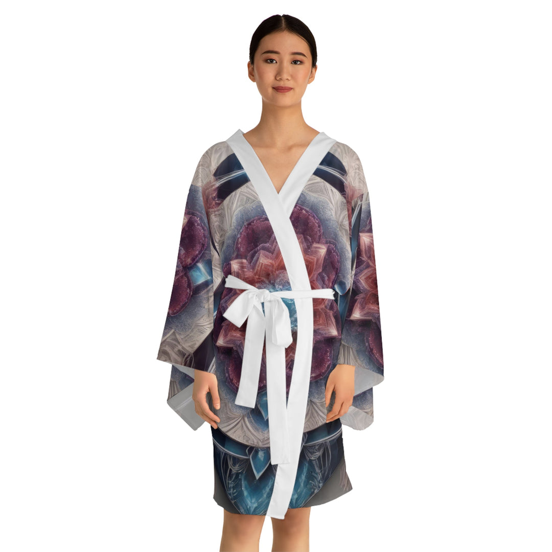 Symmetrical Crystal Bloom - Long Sleeve Kimono Robe - All Over Prints - g(0D·IO) - XS - Black -