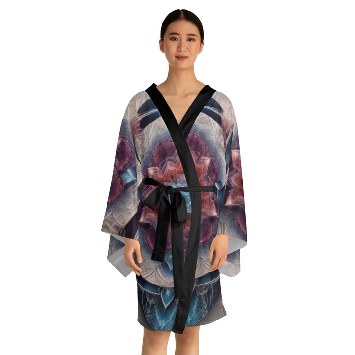 Symmetrical Crystal Bloom - Long Sleeve Kimono Robe - All Over Prints - g(0D·IO) - XS - Black -