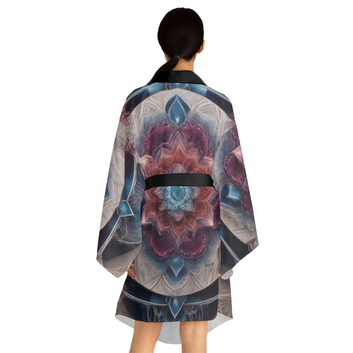 Symmetrical Crystal Bloom - Long Sleeve Kimono Robe - All Over Prints - g(0D·IO) - XS - Black -