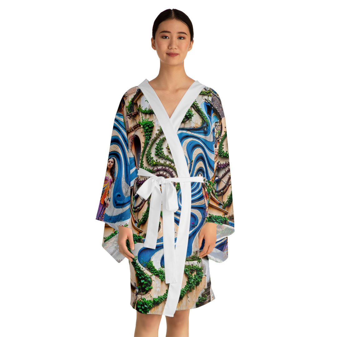 Urban Whimsical Vortex - Long Sleeve Kimono Robe - All Over Prints - g(0D·IO) - XS - Black -