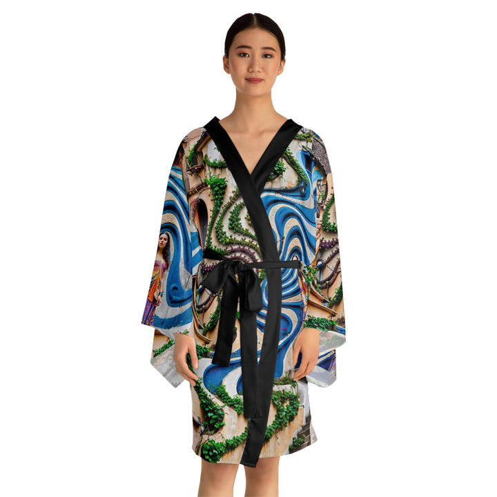 Urban Whimsical Vortex - Long Sleeve Kimono Robe - All Over Prints - g(0D·IO) - XS - Black -