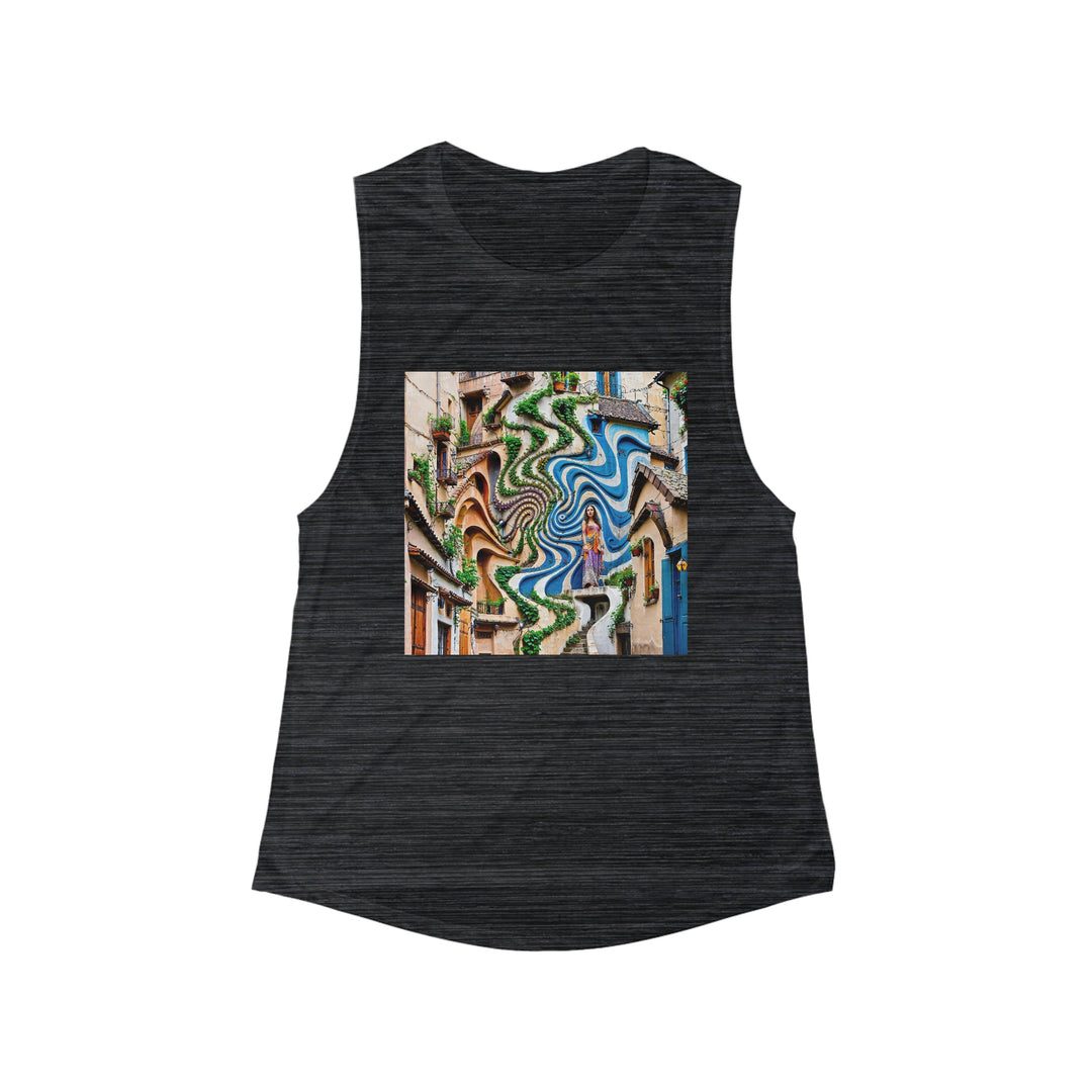 Urban Whimsical Vortex - Women's Flowy Scoop Muscle Tank - Tank Top - g(0D·IO) - S - Black Slub -