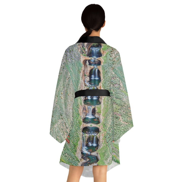 Verdant Cascade Serenity - Long Sleeve Kimono Robe - All Over Prints - g(0D·IO) - XS - Black -