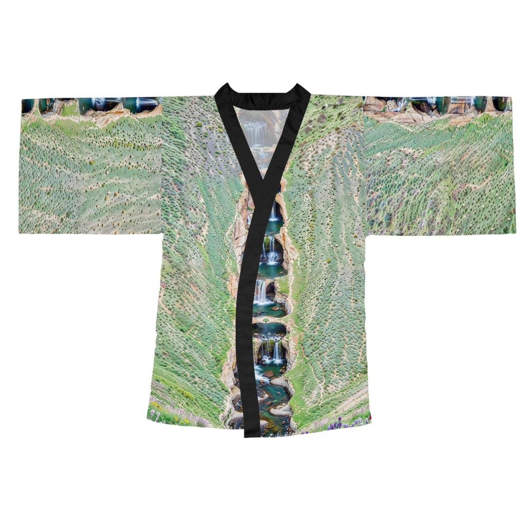 Verdant Cascade Serenity - Long Sleeve Kimono Robe - All Over Prints - g(0D·IO) - XS - Black -