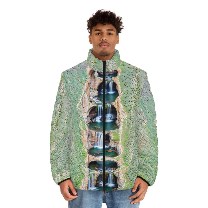 Verdant Cascade Serenity - Puffer Jacket - All Over Prints - g(0D·IO) - S - Black zipper -