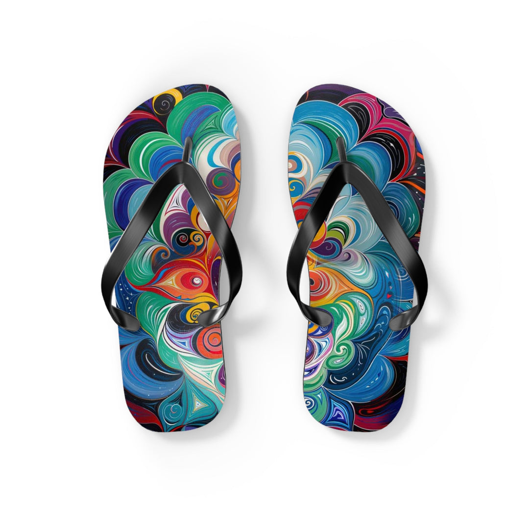 Vibrant Cosmic Mandala - Flip Flops - Shoes - g(0D·IO) - S - Black sole -