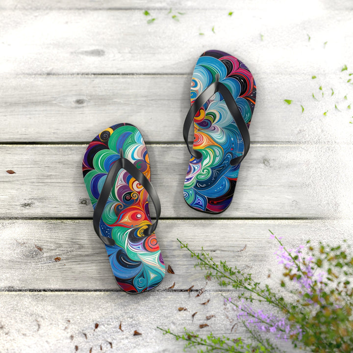 Vibrant Cosmic Mandala - Flip Flops - Shoes - g(0D·IO) - XL - Black sole -