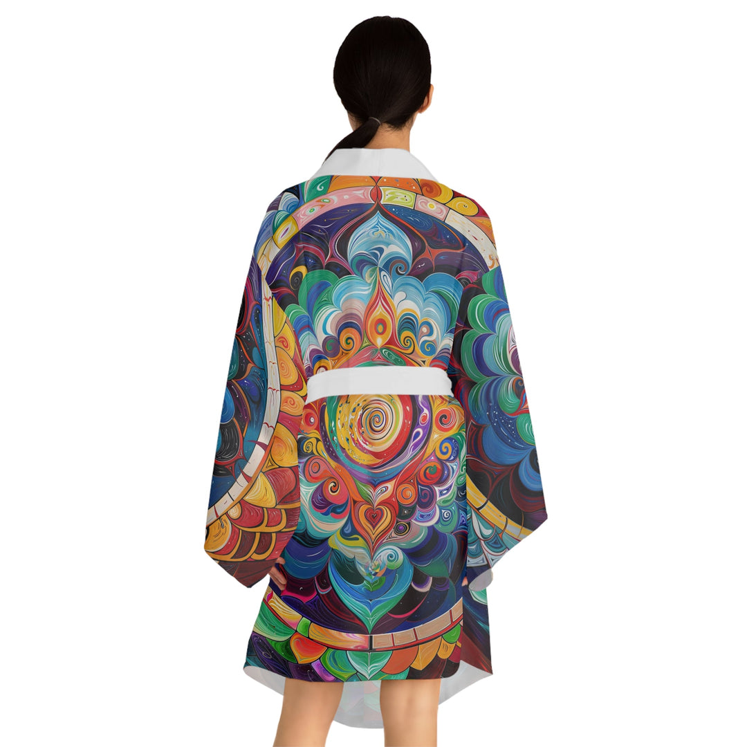 Vibrant Cosmic Mandala - Long Sleeve Kimono Robe - All Over Prints - g(0D·IO) - XS - Black -