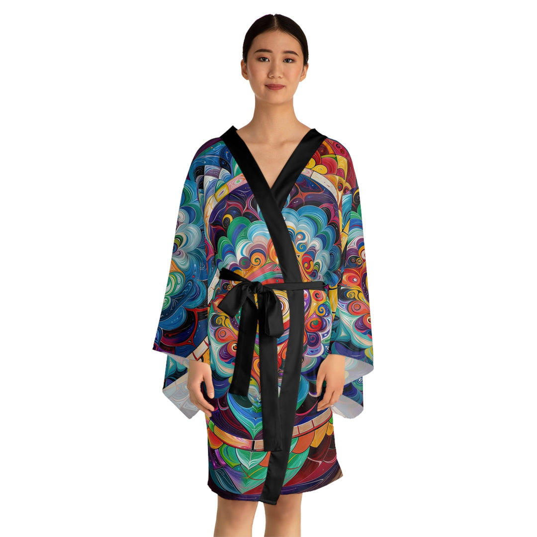 Vibrant Cosmic Mandala - Long Sleeve Kimono Robe - All Over Prints - g(0D·IO) - XS - Black -