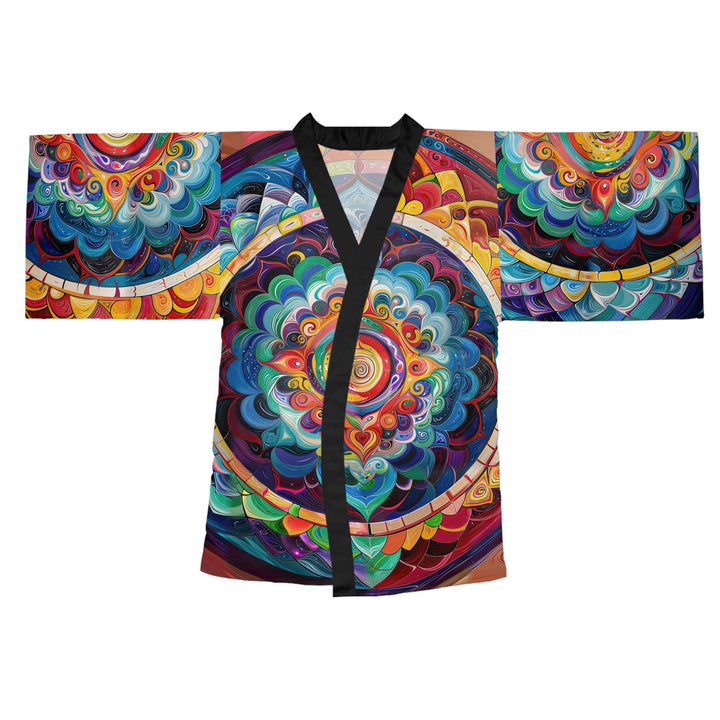 Vibrant Cosmic Mandala - Long Sleeve Kimono Robe - All Over Prints - g(0D·IO) - XS - Black -