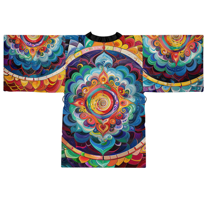 Vibrant Cosmic Mandala - Long Sleeve Kimono Robe - All Over Prints - g(0D·IO) - XS - Black -