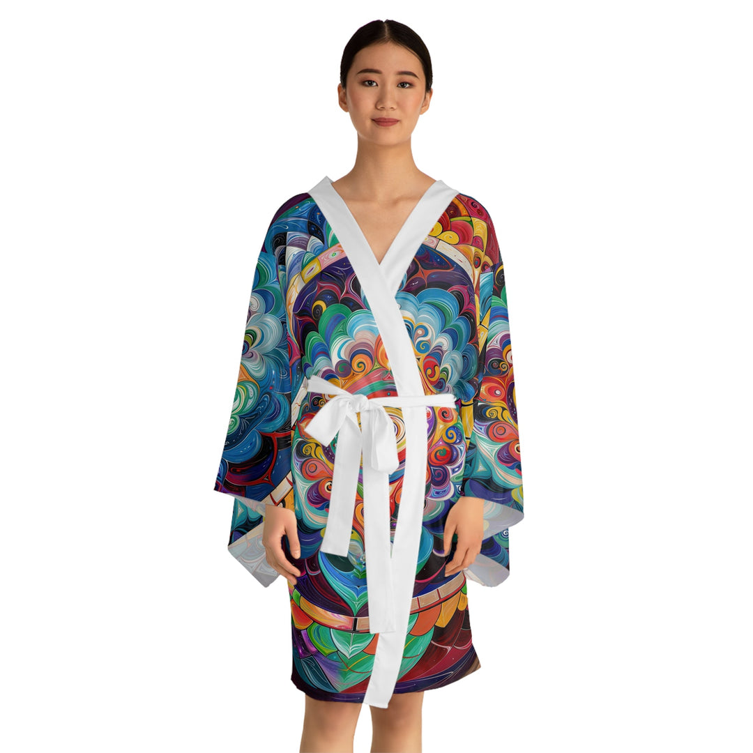 Vibrant Cosmic Mandala - Long Sleeve Kimono Robe - All Over Prints - g(0D·IO) - XS - Black -