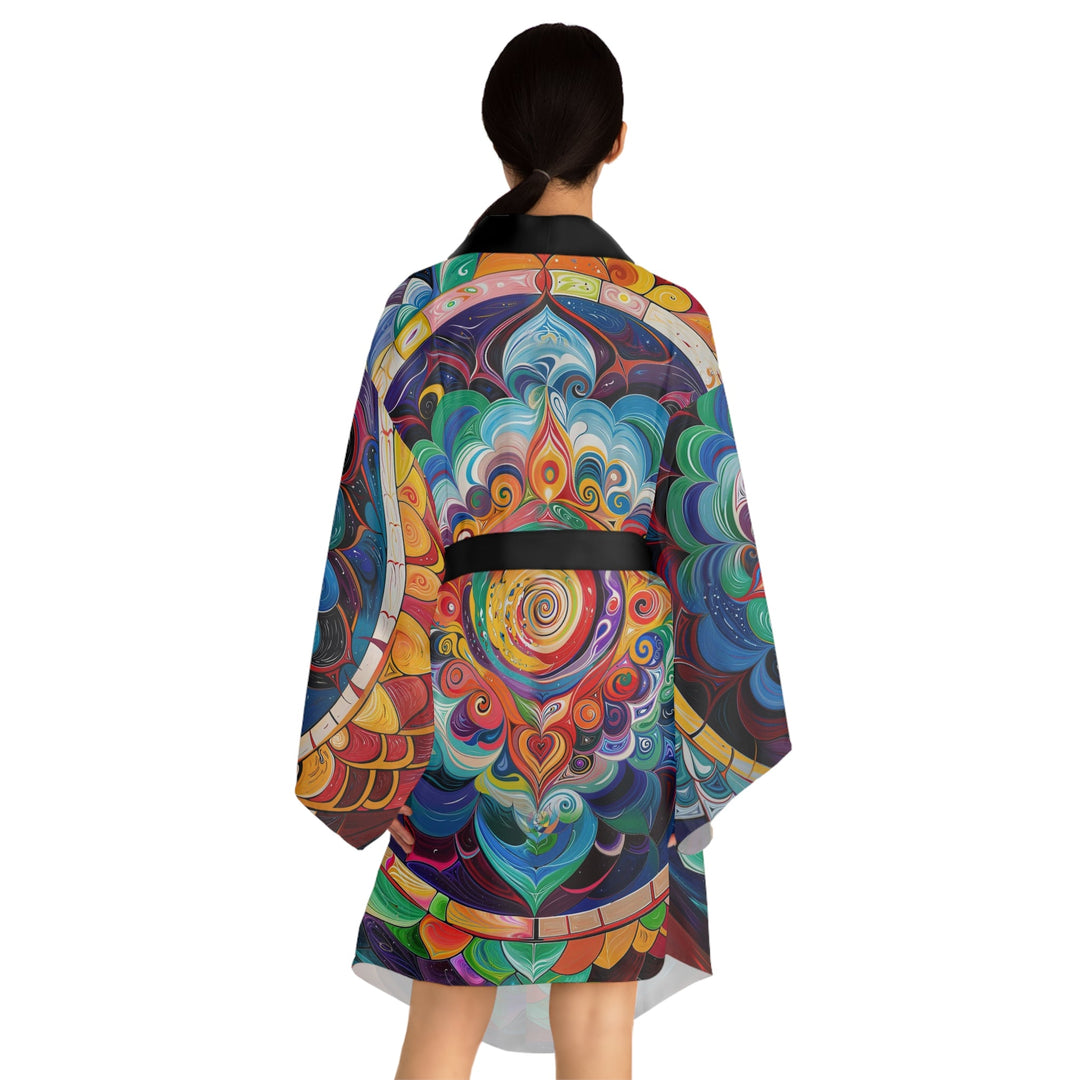 Vibrant Cosmic Mandala - Long Sleeve Kimono Robe - All Over Prints - g(0D·IO) - XS - Black -