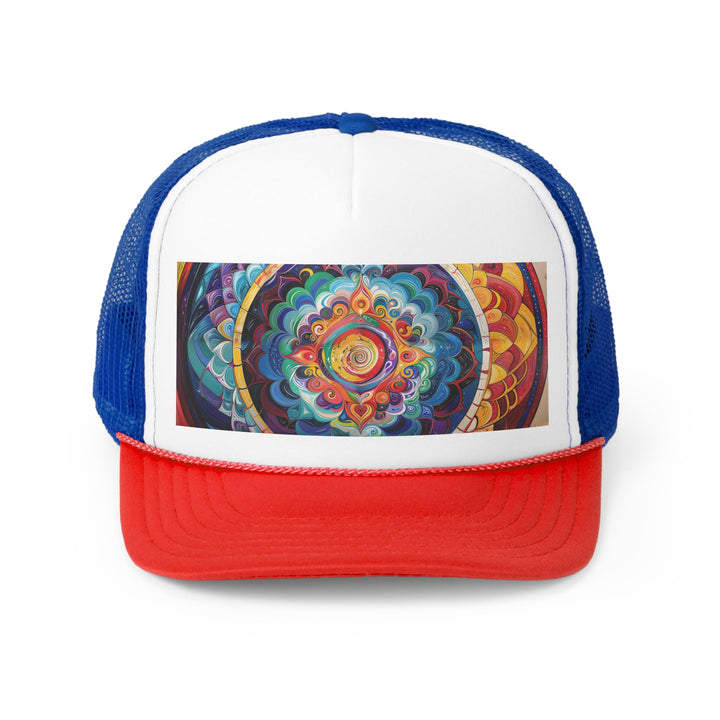 Vibrant Cosmic Mandala - Trucker Hat - Hats - g(0D·IO) - Blue/Red - One size -