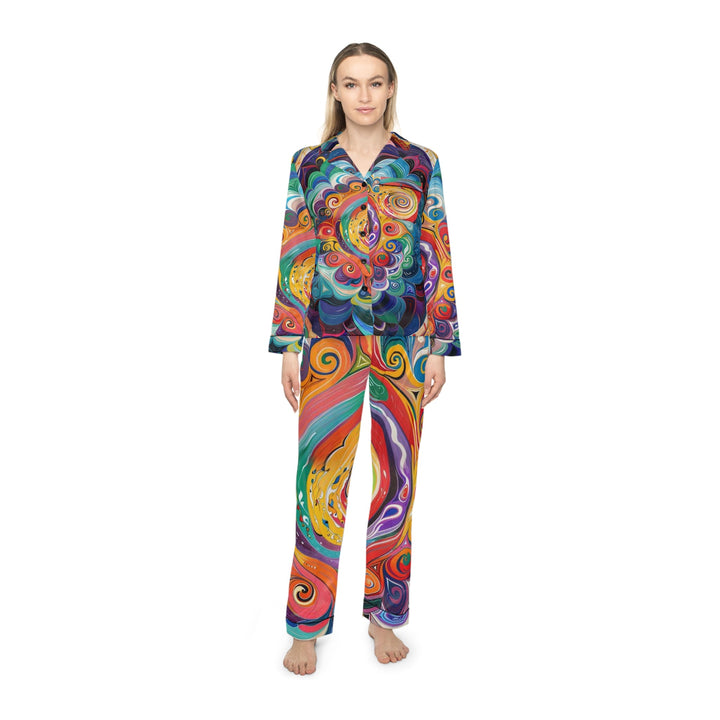 Vibrant Cosmic Mandala - Women's Satin Pajamas - All Over Prints - g(0D·IO) - XS/S - Black -